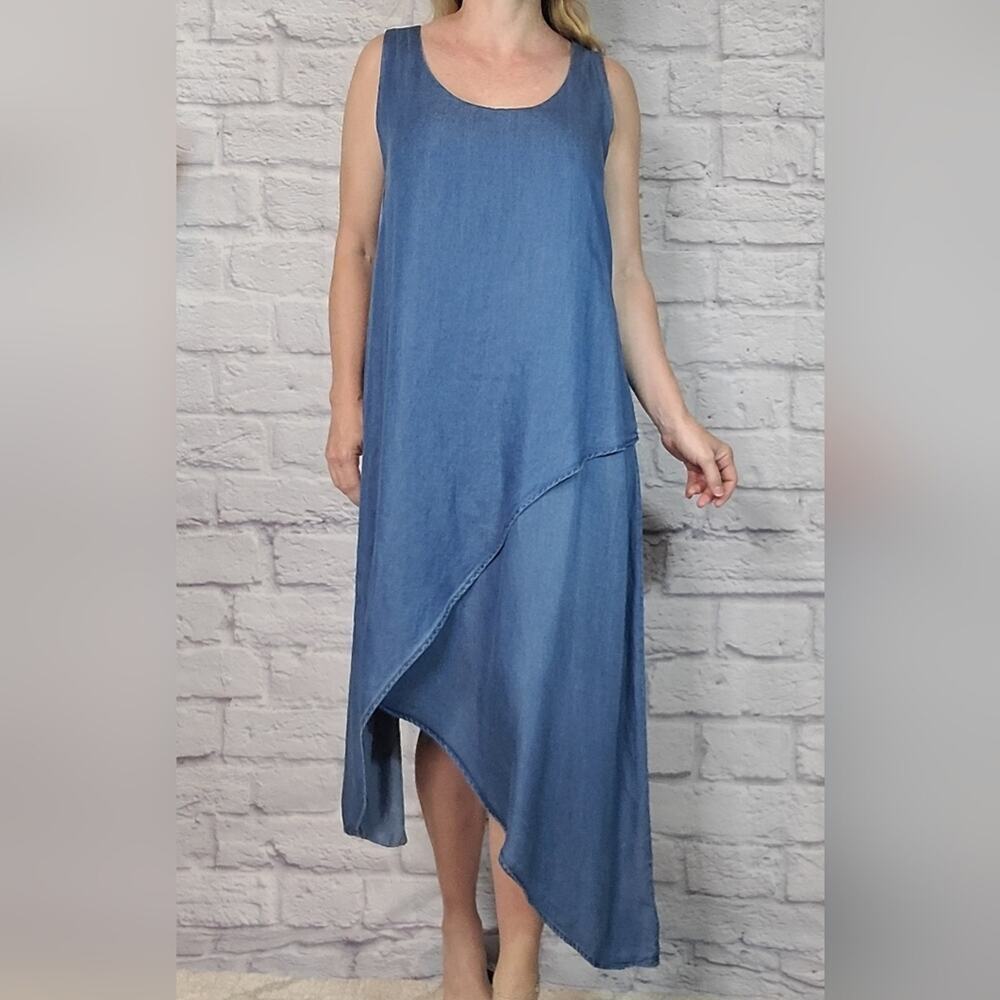 Intro denim chambray asymmetrical maxi dress